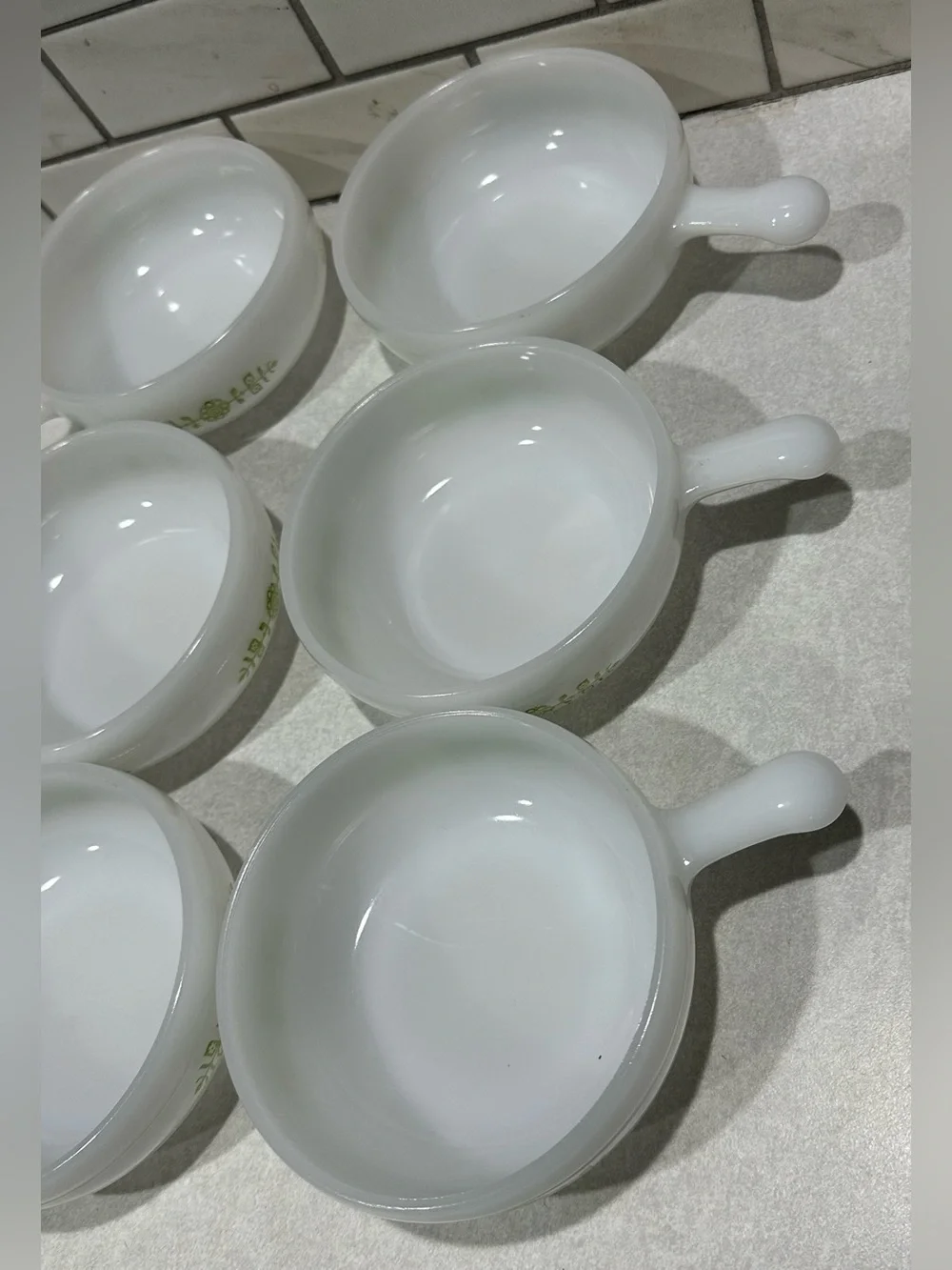 6 -Glasbake Milk Glass Handled Soup Bowl Green Daisy Floral J-2639 MCM USA VTG